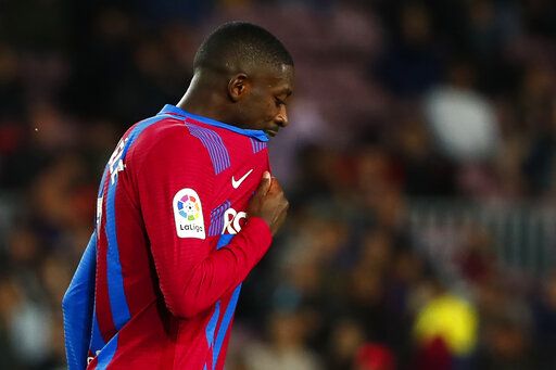 ep-304249918-3 Barcelona's Ousmane Dembele reacts after the Spanish La Liga soccer match between FC Barcelona and Rayo Vallecano at the Camp Nou stadium in Barcelona, Spain, Sunday, April 24, 2022.